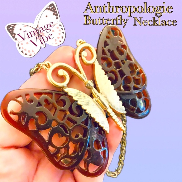 ANTHROPOLOGIE NECKLACE NWT UNIQUE BUTTERFLY- LONG Tortoise Shell Boho Retro Vibe - Picture 2 of 12